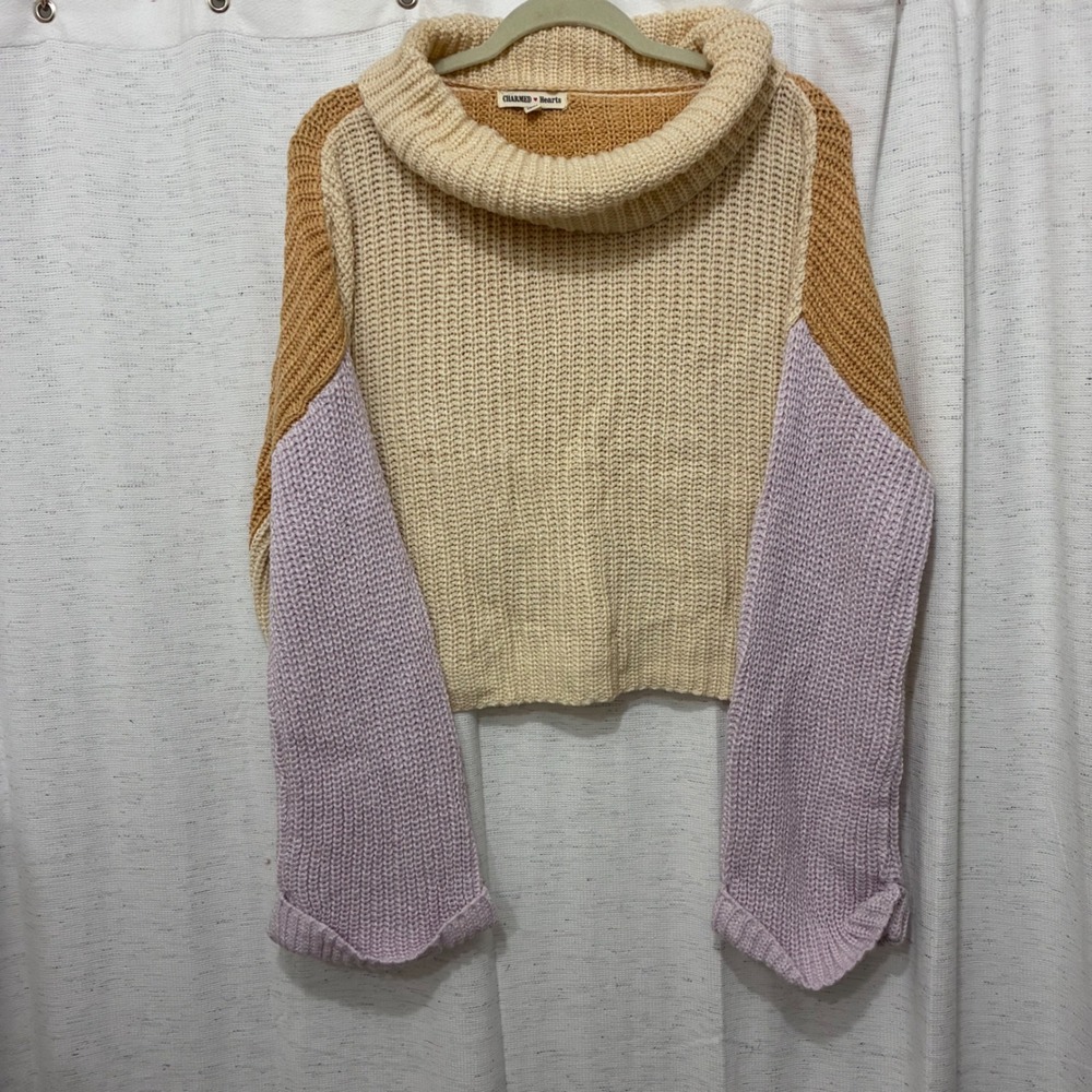 Charmed Hearts Cowl Neck Colorblock Sweater XL Cropped Oversized Knit Winter